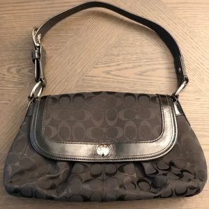 Coach Signature Black Leather Trimmed Shoulder Bag